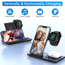 Load image into Gallery viewer, 3 in 1 Wireless Charger, 18W Fast Charger Pad Stand Charging Station Dock for Iwatch Series SE 8/7/6/5/4/3 Airpods Pro/3/2 for Iphone 15/14/13/12 /11/Pro Max/12 Mini /XR (With QC3.0 Adapter)
