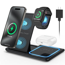 Load image into Gallery viewer, 3 in 1 Wireless Charger, 18W Fast Charger Pad Stand Charging Station Dock for Iwatch Series SE 8/7/6/5/4/3 Airpods Pro/3/2 for Iphone 15/14/13/12 /11/Pro Max/12 Mini /XR (With QC3.0 Adapter)
