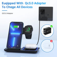 Load image into Gallery viewer, 3 in 1 Wireless Charger, 18W Fast Charger Pad Stand Charging Station Dock for Iwatch Series SE 8/7/6/5/4/3 Airpods Pro/3/2 for Iphone 15/14/13/12 /11/Pro Max/12 Mini /XR (With QC3.0 Adapter)
