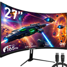 Load image into Gallery viewer, 27Inch 165Hz Curved Gaming Monitor, 1440P 144Hz Gaming Monitor, QHD 2K(2560X1440) PC Monitor, LCD Computer Monitor for Laptop with 2 Speaker&amp;Backlight, 1Ms Freesync, Metal Base, DP&amp;HDMI
