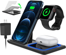 Load image into Gallery viewer, 3 in 1 Wireless Charger, 18W Fast Charger Pad Stand Charging Station Dock for Iwatch Series SE 8/7/6/5/4/3 Airpods Pro/3/2 for Iphone 15/14/13/12 /11/Pro Max/12 Mini /XR (With QC3.0 Adapter)
