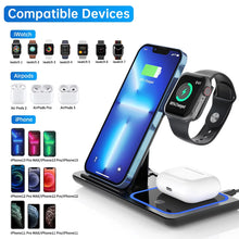 Load image into Gallery viewer, 3 in 1 Wireless Charger, 18W Fast Charger Pad Stand Charging Station Dock for Iwatch Series SE 8/7/6/5/4/3 Airpods Pro/3/2 for Iphone 15/14/13/12 /11/Pro Max/12 Mini /XR (With QC3.0 Adapter)
